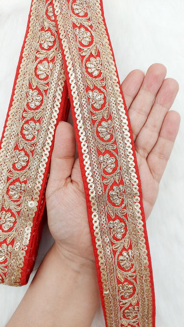 Art Silk Trim Gold Floral Embroidered Sequins Trim, Decorative Trim, Indian Sari Border